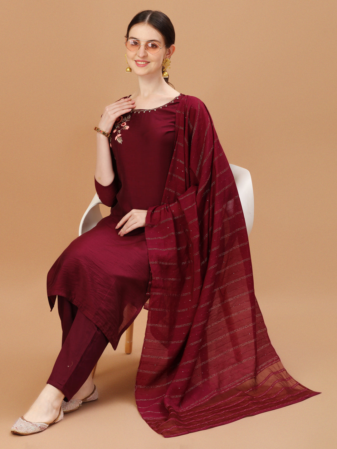 Placement Hand Embroidered Chanderi Kurta With Pant & Dupatta, Multicolor - Hiral Fashion | Grocsy