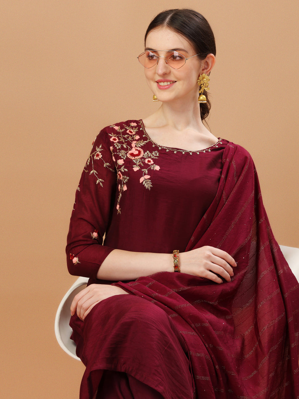 Placement Hand Embroidered Chanderi Kurta With Pant & Dupatta, Multicolor - Hiral Fashion | Grocsy