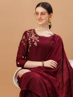 Placement Hand Embroidered Chanderi Kurta With Pant & Dupatta, Multicolor - Hiral Fashion | Grocsy