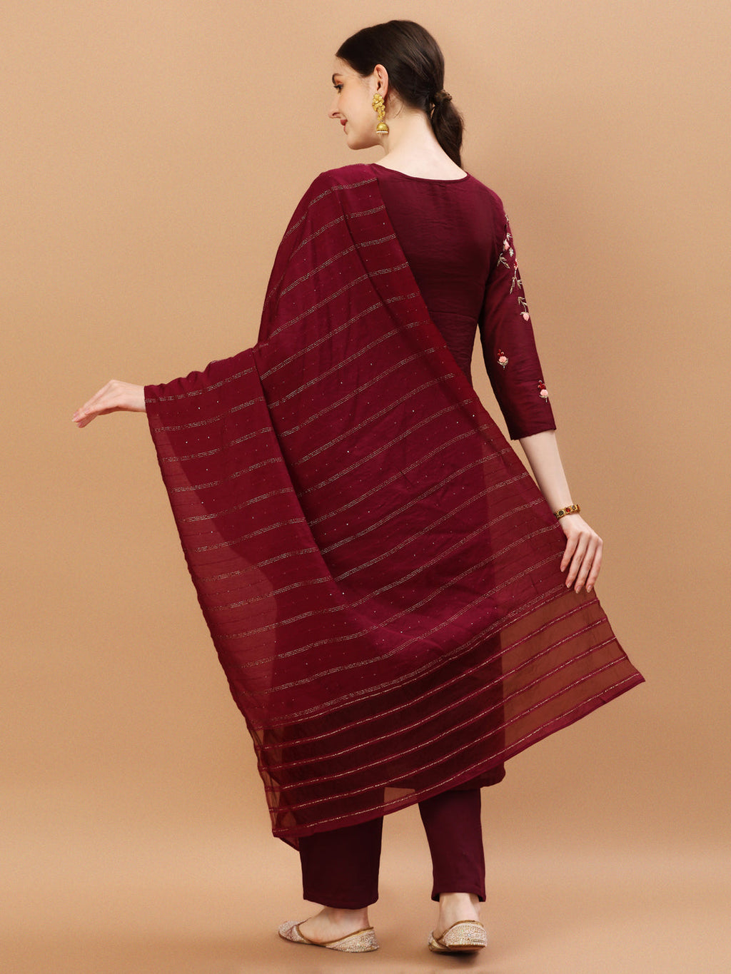 Placement Hand Embroidered Chanderi Kurta With Pant & Dupatta, Multicolor - Hiral Fashion | Grocsy