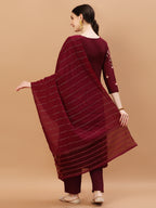 Placement Hand Embroidered Chanderi Kurta With Pant & Dupatta, Multicolor - Hiral Fashion | Grocsy