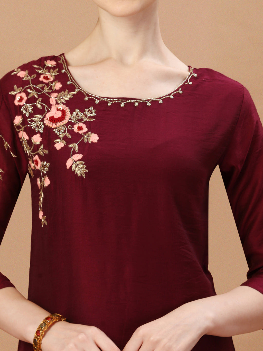 Placement Hand Embroidered Chanderi Kurta With Pant & Dupatta, Multicolor - Hiral Fashion | Grocsy