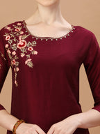 Placement Hand Embroidered Chanderi Kurta With Pant & Dupatta, Multicolor - Hiral Fashion | Grocsy