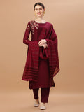 Placement Hand Embroidered Chanderi Kurta With Pant & Dupatta, Multicolor - Hiral Fashion | Grocsy