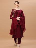 Placement Hand Embroidered Chanderi Kurta With Pant & Dupatta, Multicolor - Hiral Fashion | Grocsy