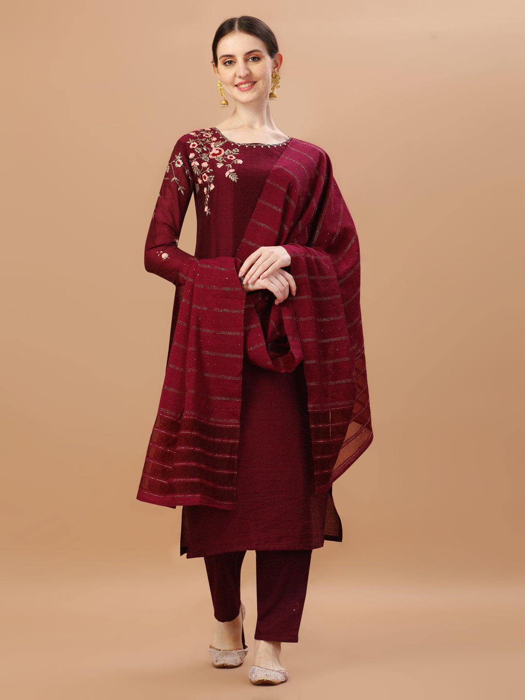 Placement Hand Embroidered Chanderi Kurta With Pant & Dupatta, Multicolor - Hiral Fashion | Grocsy