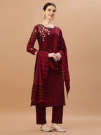 Placement Hand Embroidered Chanderi Kurta With Pant & Dupatta, Multicolor - Hiral Fashion | Grocsy