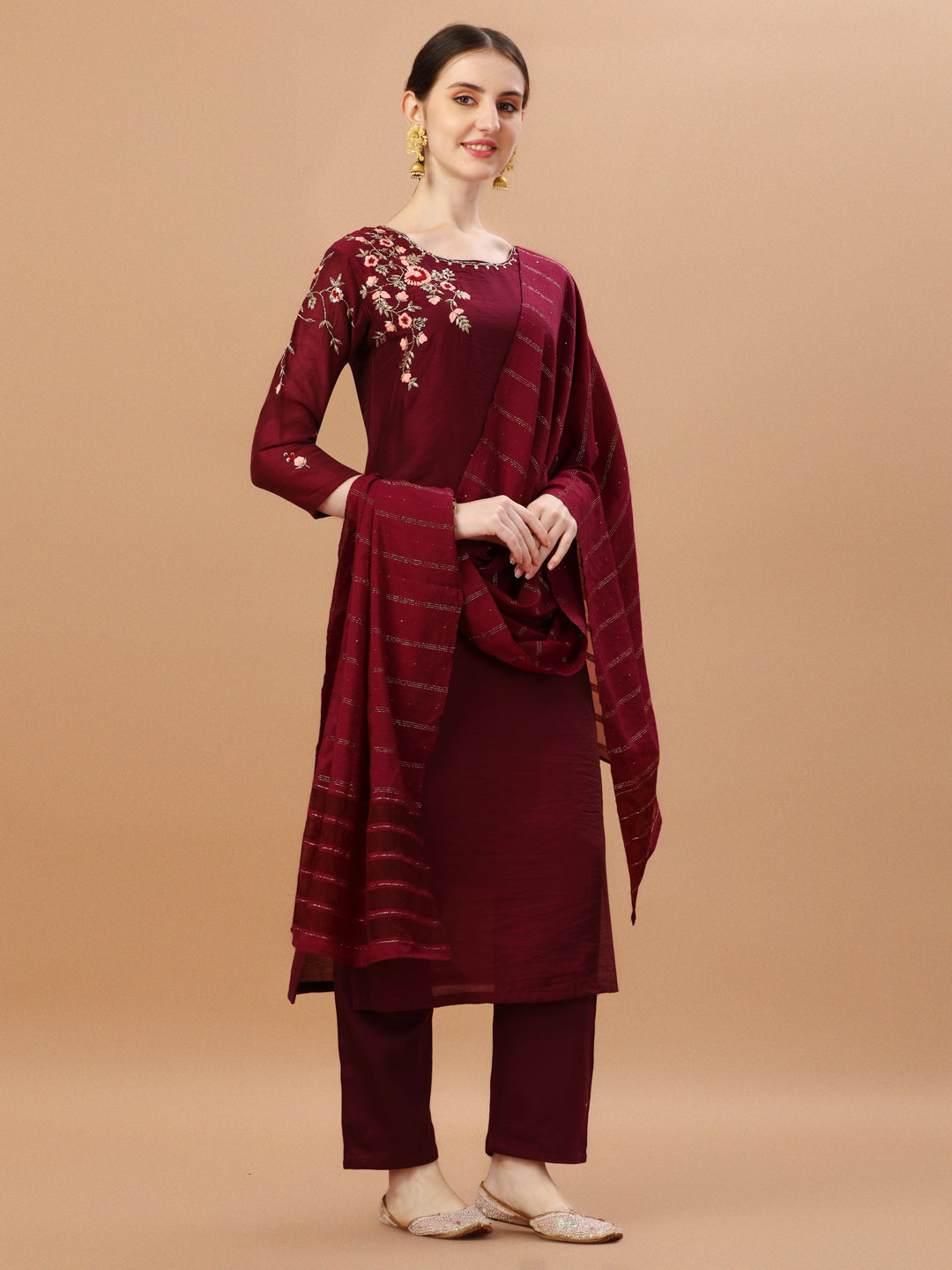 Placement Hand Embroidered Chanderi Kurta With Pant & Dupatta, Multicolor - Hiral Fashion | Grocsy