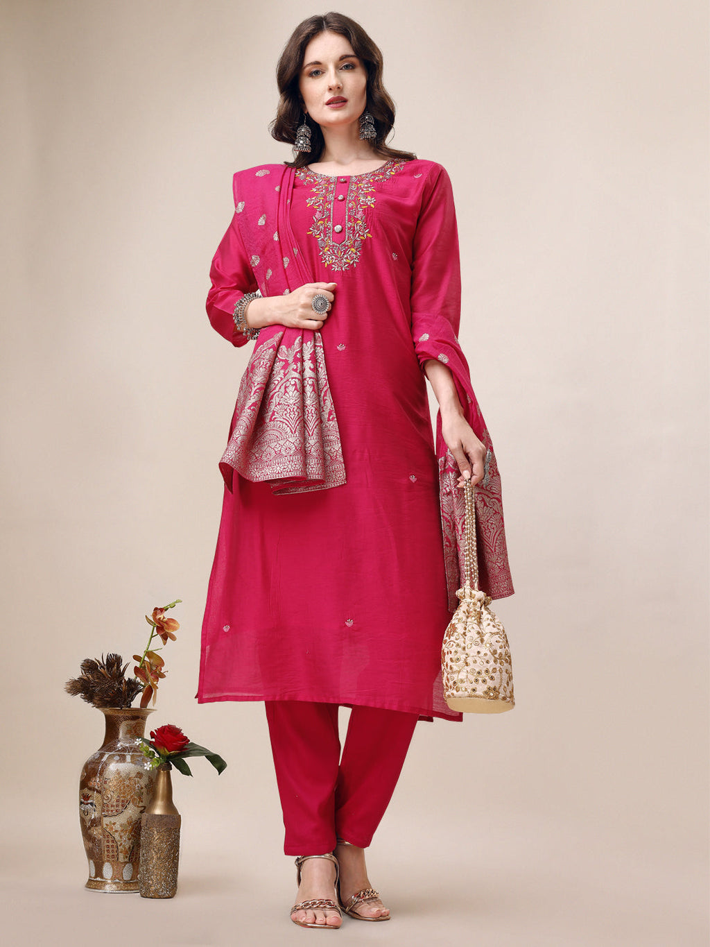 Embroidered Kurta With Pant & Dupatta Set, Multicolor - Hiral Fashion | Grocsy