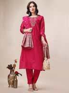Embroidered Kurta With Pant & Dupatta Set, Multicolor - Hiral Fashion | Grocsy