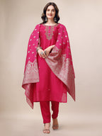 Embroidered Kurta With Pant & Dupatta Set, Multicolor - Hiral Fashion | Grocsy