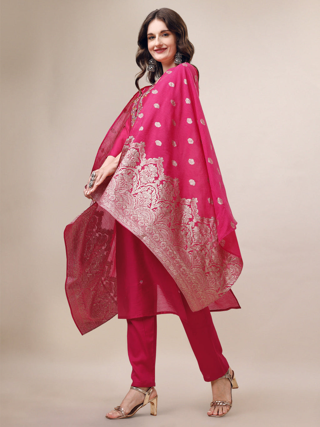 Embroidered Kurta With Pant & Dupatta Set, Multicolor - Hiral Fashion | Grocsy