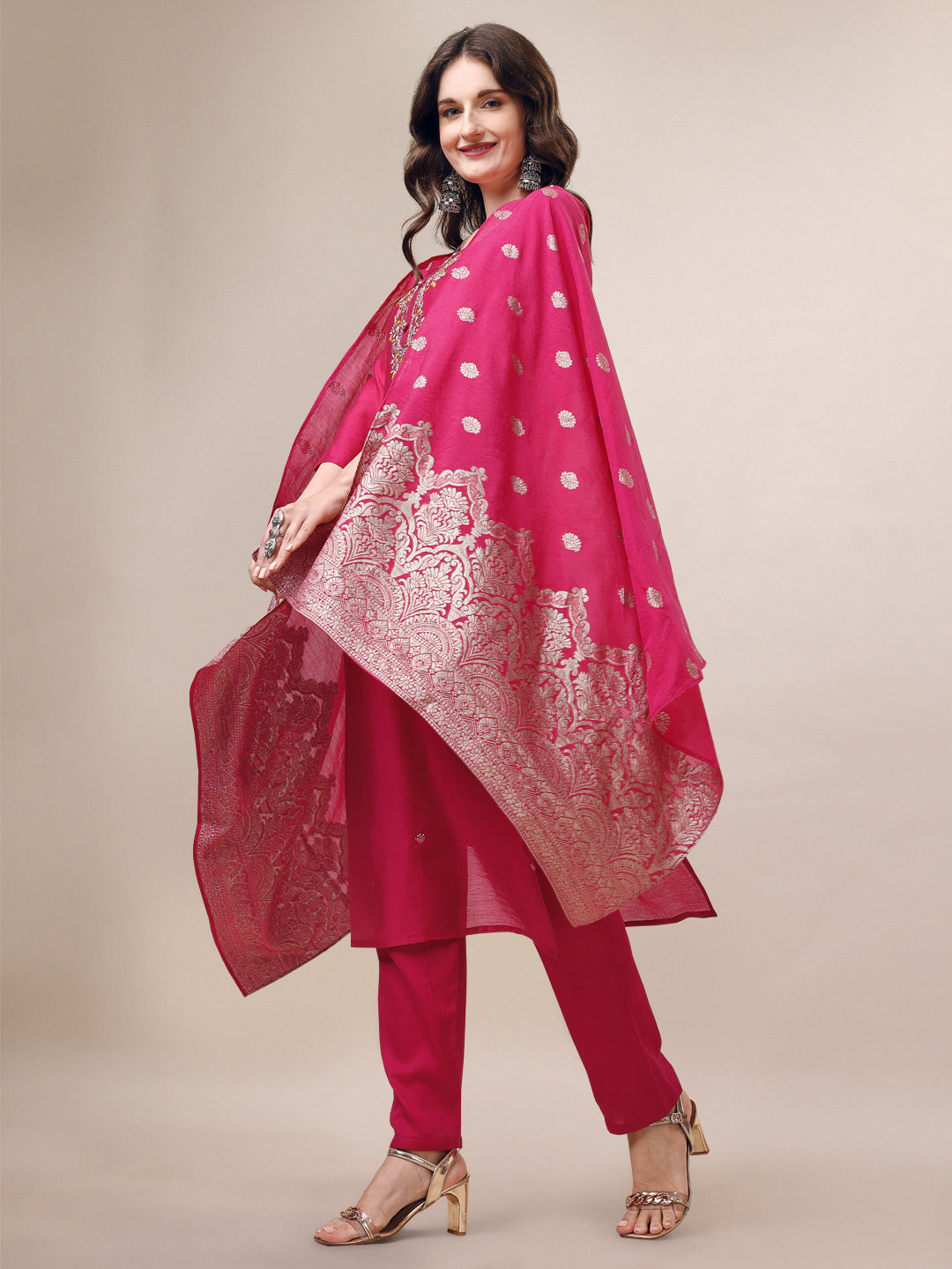 Embroidered Kurta With Pant & Dupatta Set, Multicolor - Hiral Fashion | Grocsy