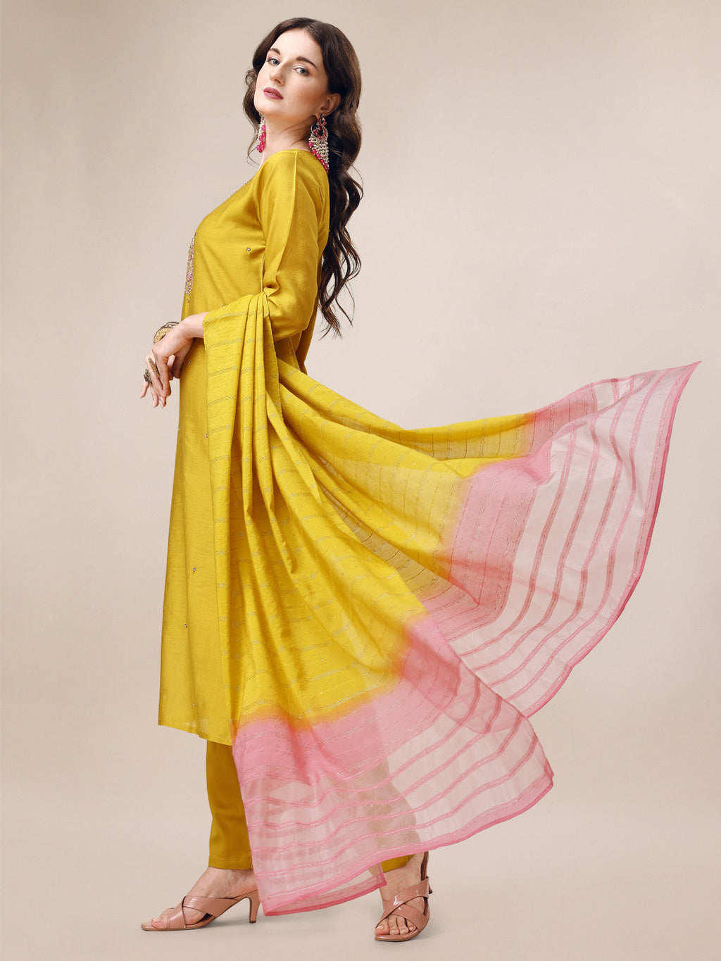 Hand Embroidered Kurta With Pant & Dupatta Set, Multicolor - Hiral Fashion | Grocsy