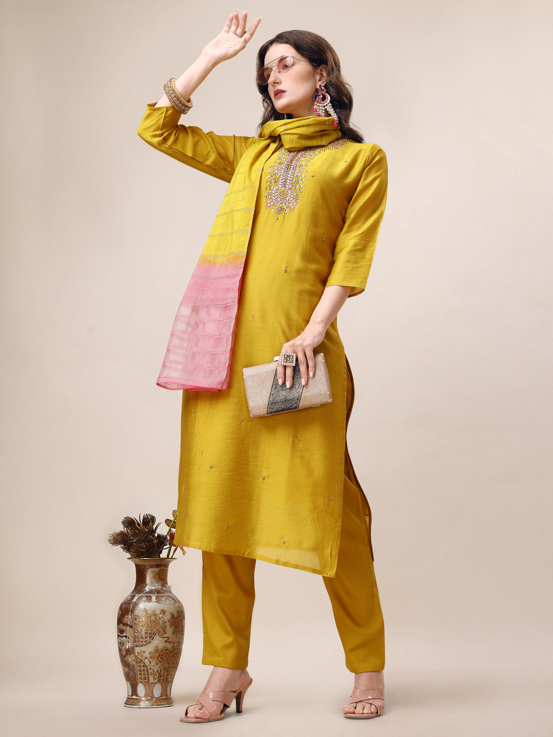 Hand Embroidered Kurta With Pant & Dupatta Set, Multicolor - Hiral Fashion | Grocsy