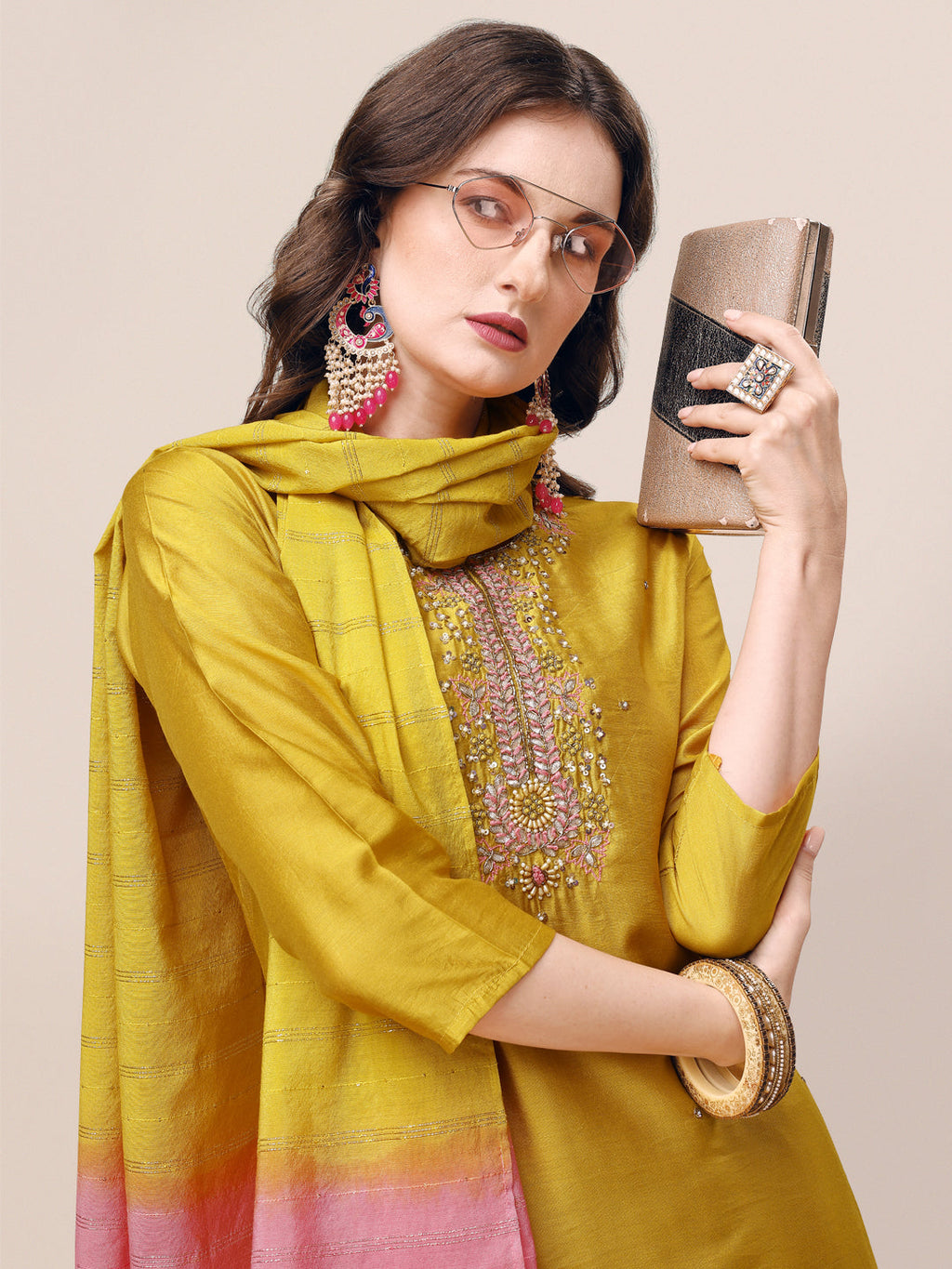 Hand Embroidered Kurta With Pant & Dupatta Set, Multicolor - Hiral Fashion | Grocsy