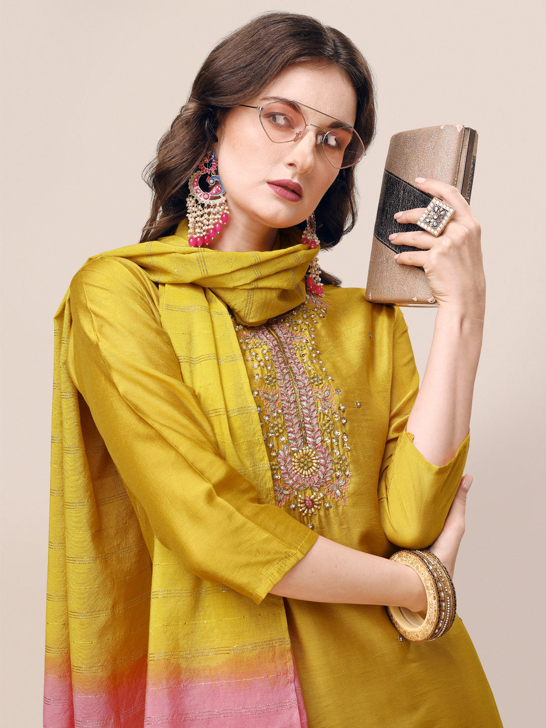 Hand Embroidered Kurta With Pant & Dupatta Set, Multicolor - Hiral Fashion | Grocsy