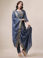 Hand Embroidered Kurta With Pant & Dupatta Set, Multicolor - Hiral Fashion | Grocsy