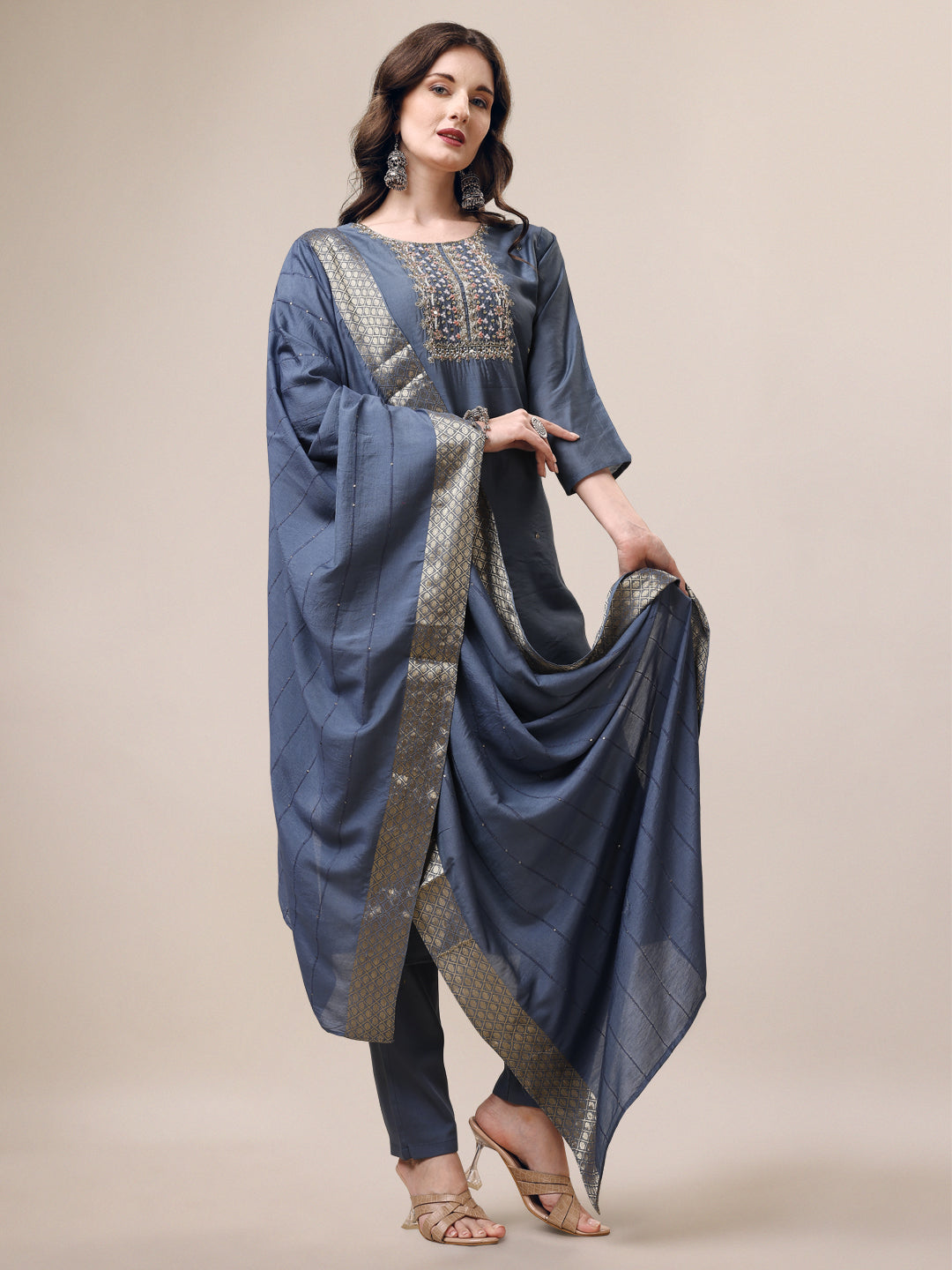 Hand Embroidered Kurta With Pant & Dupatta Set, Multicolor - Hiral Fashion | Grocsy