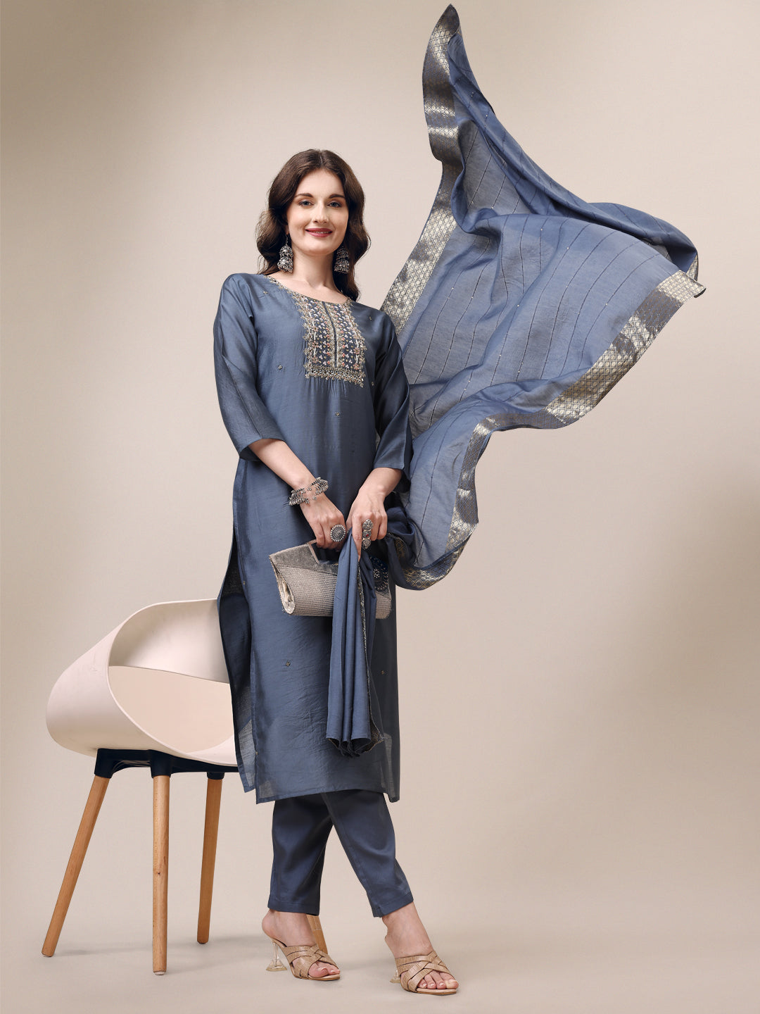 Hand Embroidered Kurta With Pant & Dupatta Set, Multicolor - Hiral Fashion | Grocsy