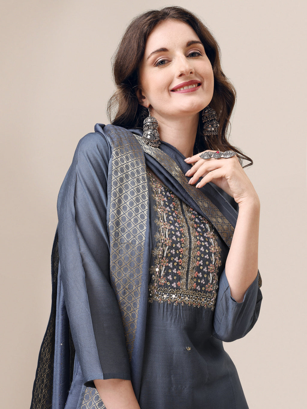Hand Embroidered Kurta With Pant & Dupatta Set, Multicolor - Hiral Fashion | Grocsy