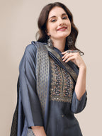 Hand Embroidered Kurta With Pant & Dupatta Set, Multicolor - Hiral Fashion | Grocsy
