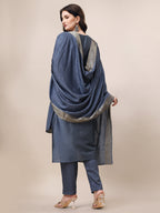 Hand Embroidered Kurta With Pant & Dupatta Set, Multicolor - Hiral Fashion | Grocsy