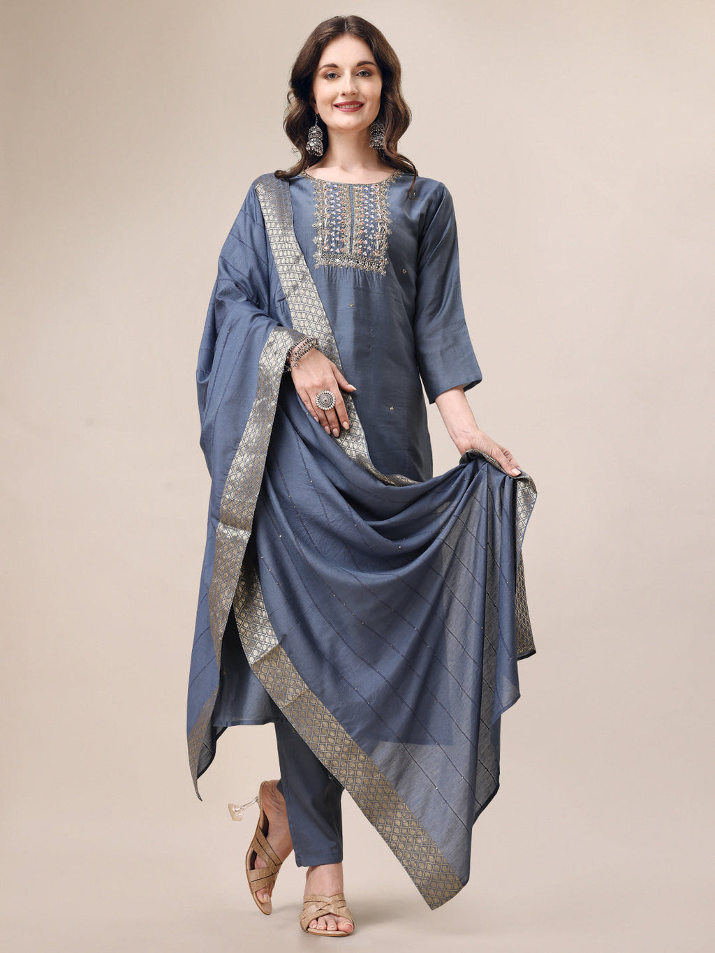 Hand Embroidered Kurta With Pant & Dupatta Set, Multicolor - Hiral Fashion | Grocsy