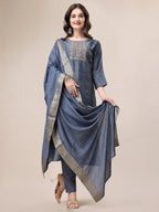 Hand Embroidered Kurta With Pant & Dupatta Set, Multicolor - Hiral Fashion | Grocsy