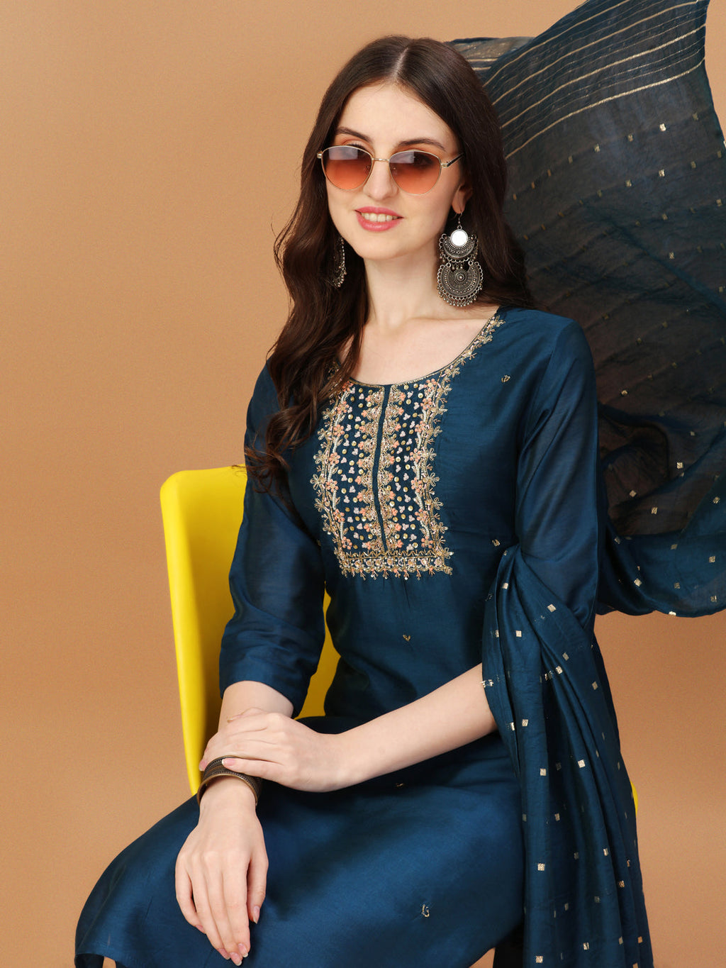Hand Embroidered Navyblue Kurta With Pant & Dupatta, Multicolor - Hiral Fashion | Grocsy