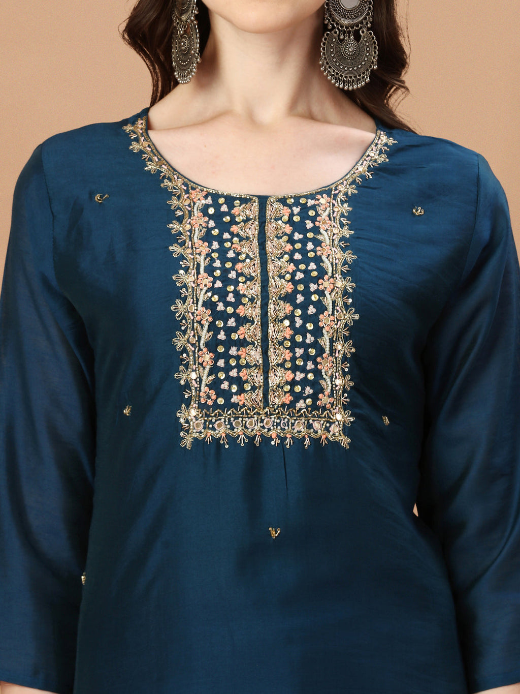 Hand Embroidered Navyblue Kurta With Pant & Dupatta, Multicolor - Hiral Fashion | Grocsy