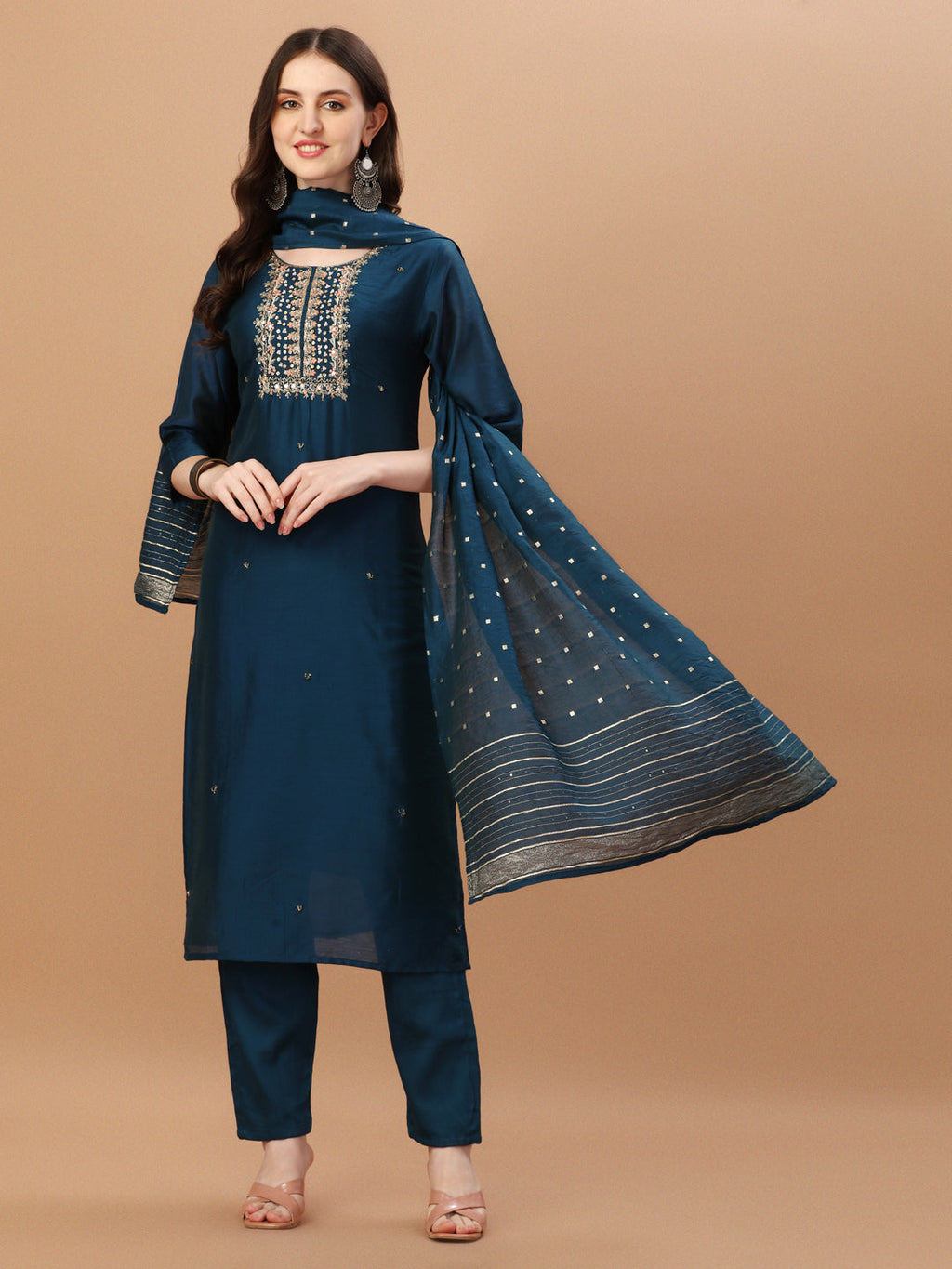 Hand Embroidered Navyblue Kurta With Pant & Dupatta, Multicolor - Hiral Fashion | Grocsy