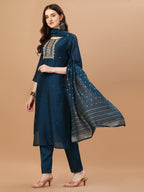 Hand Embroidered Navyblue Kurta With Pant & Dupatta, Multicolor - Hiral Fashion | Grocsy