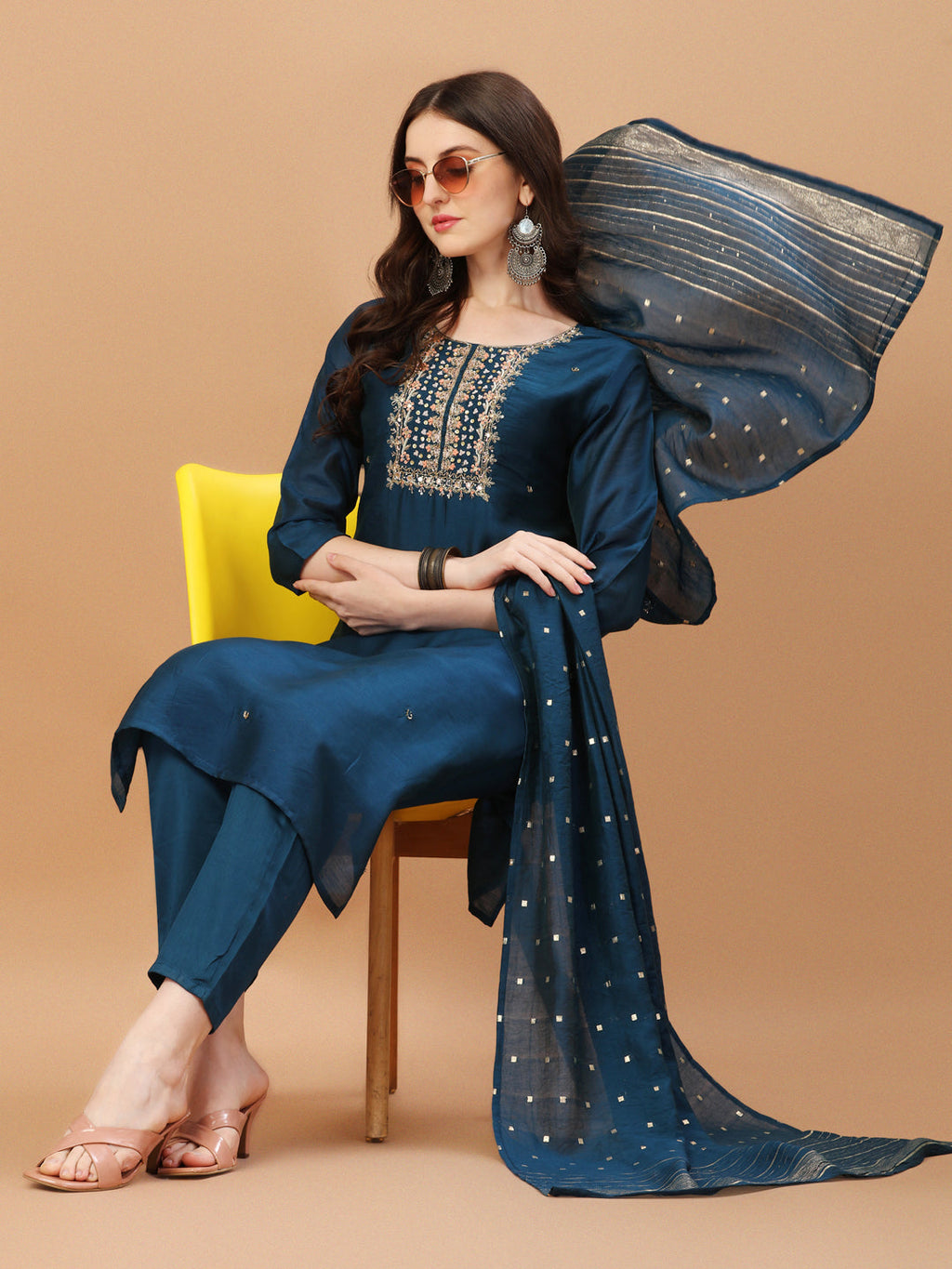 Hand Embroidered Navyblue Kurta With Pant & Dupatta, Multicolor - Hiral Fashion | Grocsy