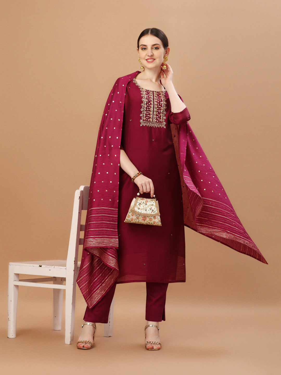Hand Embroidered Wine Kurta With Pant & Dupatta, Multicolor - Hiral Fashion | Grocsy