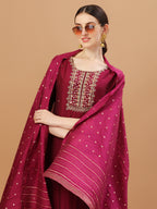 Hand Embroidered Wine Kurta With Pant & Dupatta, Multicolor - Hiral Fashion | Grocsy