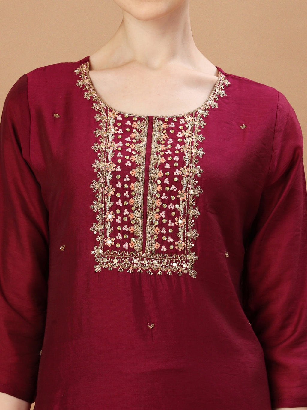 Hand Embroidered Wine Kurta With Pant & Dupatta, Multicolor - Hiral Fashion | Grocsy