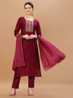 Hand Embroidered Wine Kurta With Pant & Dupatta, Multicolor - Hiral Fashion | Grocsy