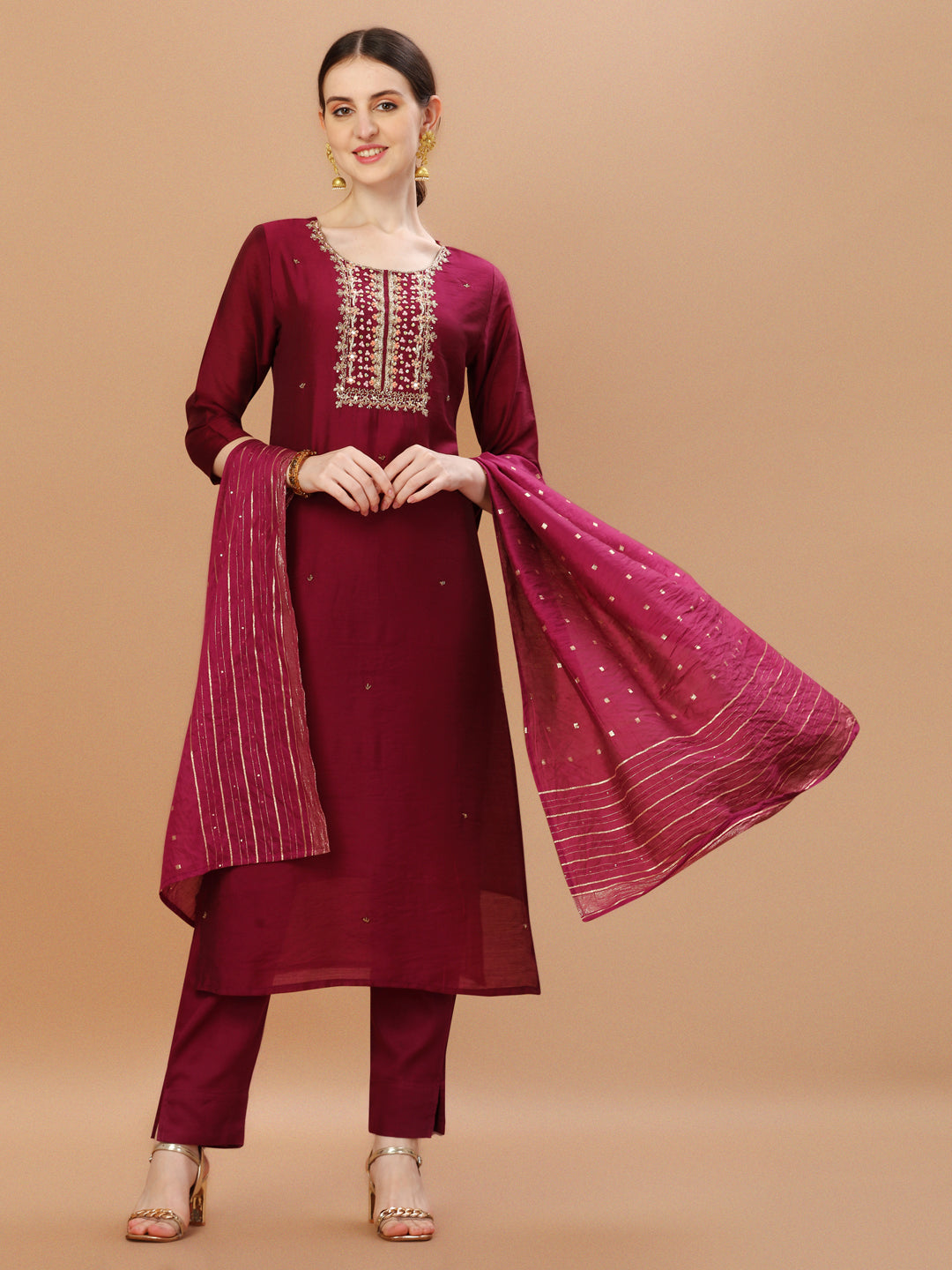 Hand Embroidered Wine Kurta With Pant & Dupatta, Multicolor - Hiral Fashion | Grocsy