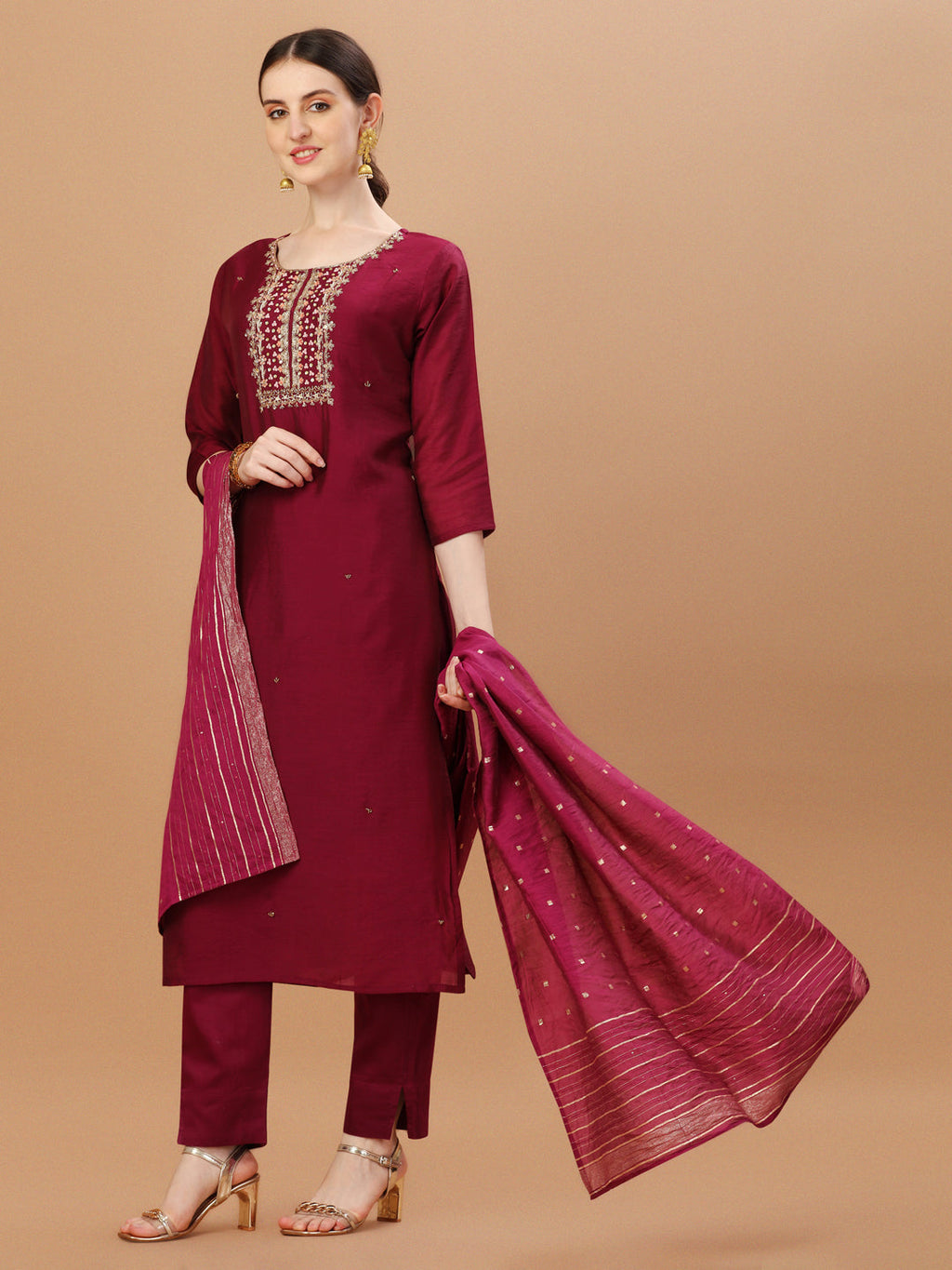 Hand Embroidered Wine Kurta With Pant & Dupatta, Multicolor - Hiral Fashion | Grocsy