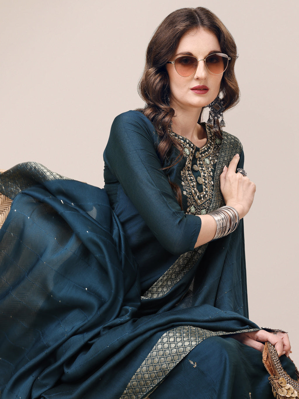 Hand Embroidered Button Embellished Kurta With Pant And Sequined Dupatta, Multicolor - Hiral Fashion | Grocsy