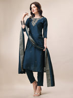 Hand Embroidered Button Embellished Kurta With Pant And Sequined Dupatta, Multicolor - Hiral Fashion | Grocsy