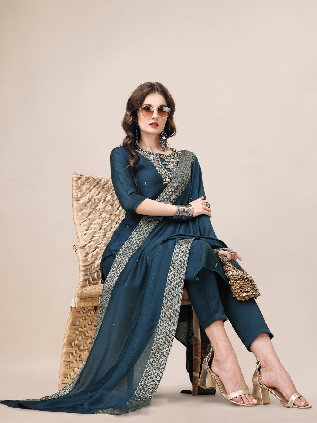 Hand Embroidered Button Embellished Kurta With Pant And Sequined Dupatta, Multicolor - Hiral Fashion | Grocsy