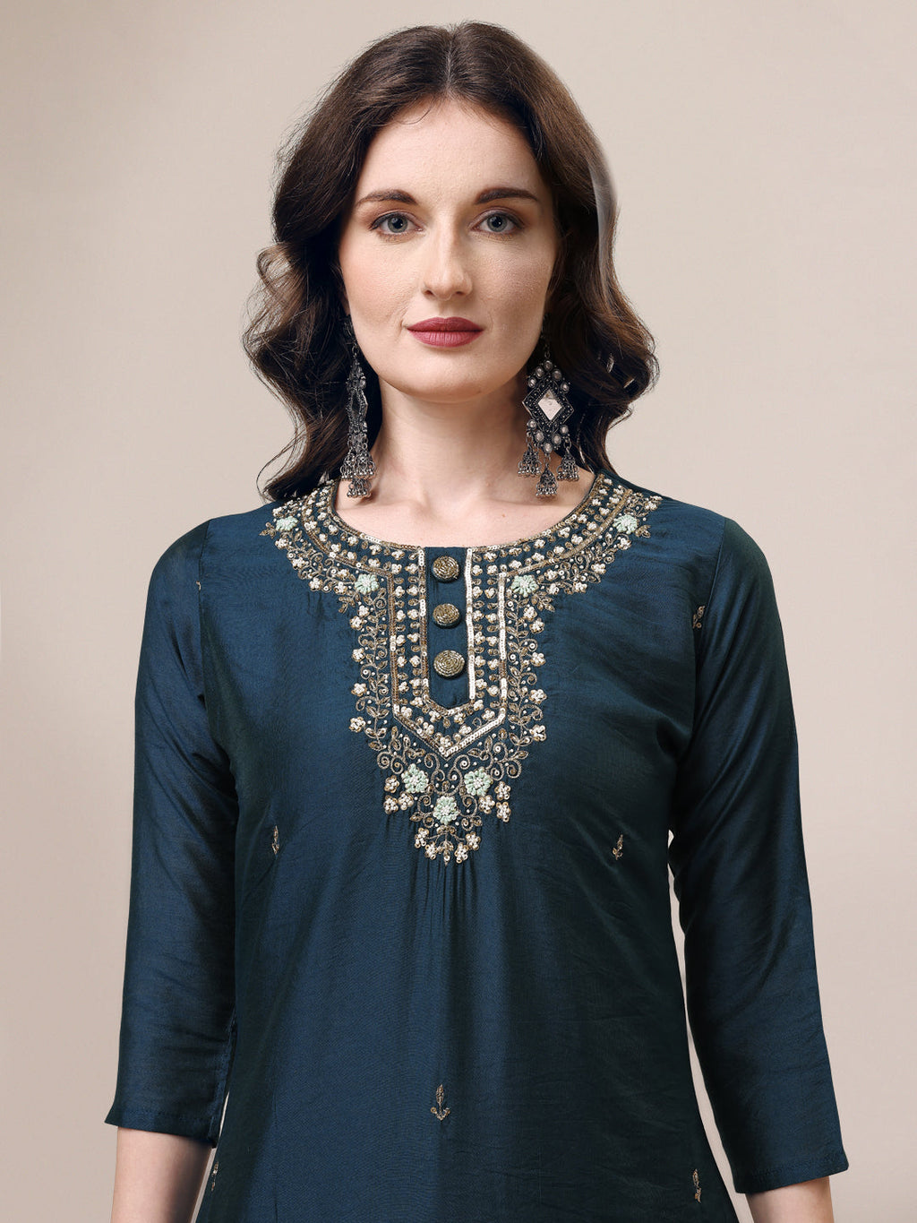 Hand Embroidered Button Embellished Kurta With Pant And Sequined Dupatta, Multicolor - Hiral Fashion | Grocsy