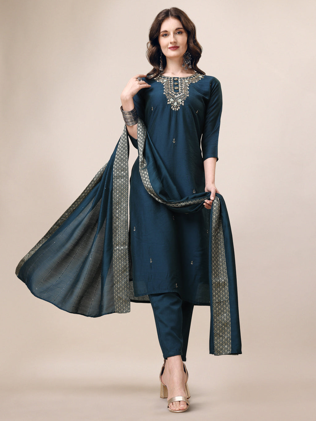 Hand Embroidered Button Embellished Kurta With Pant And Sequined Dupatta, Multicolor - Hiral Fashion | Grocsy