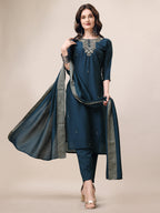 Hand Embroidered Button Embellished Kurta With Pant And Sequined Dupatta, Multicolor - Hiral Fashion | Grocsy