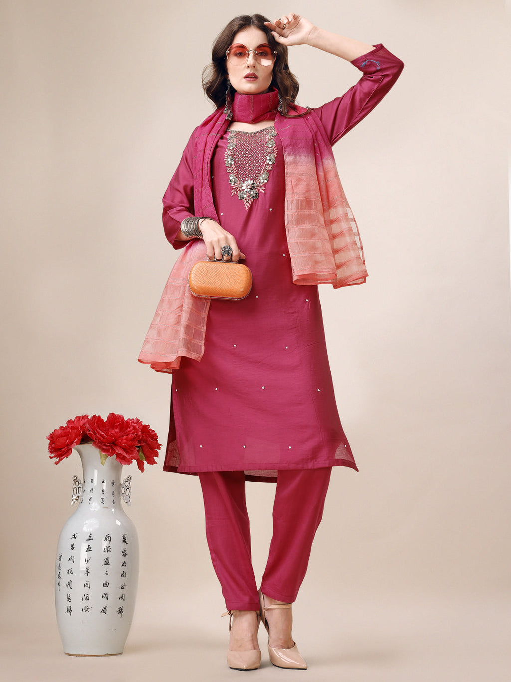 Hand Embroidered Mirror Detailed Kurta With Pant & Dupatta, Multicolor - Hiral Fashion | Grocsy