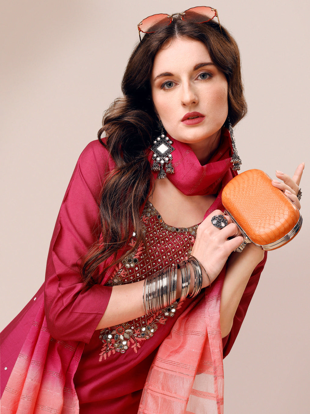 Hand Embroidered Mirror Detailed Kurta With Pant & Dupatta, Multicolor - Hiral Fashion | Grocsy