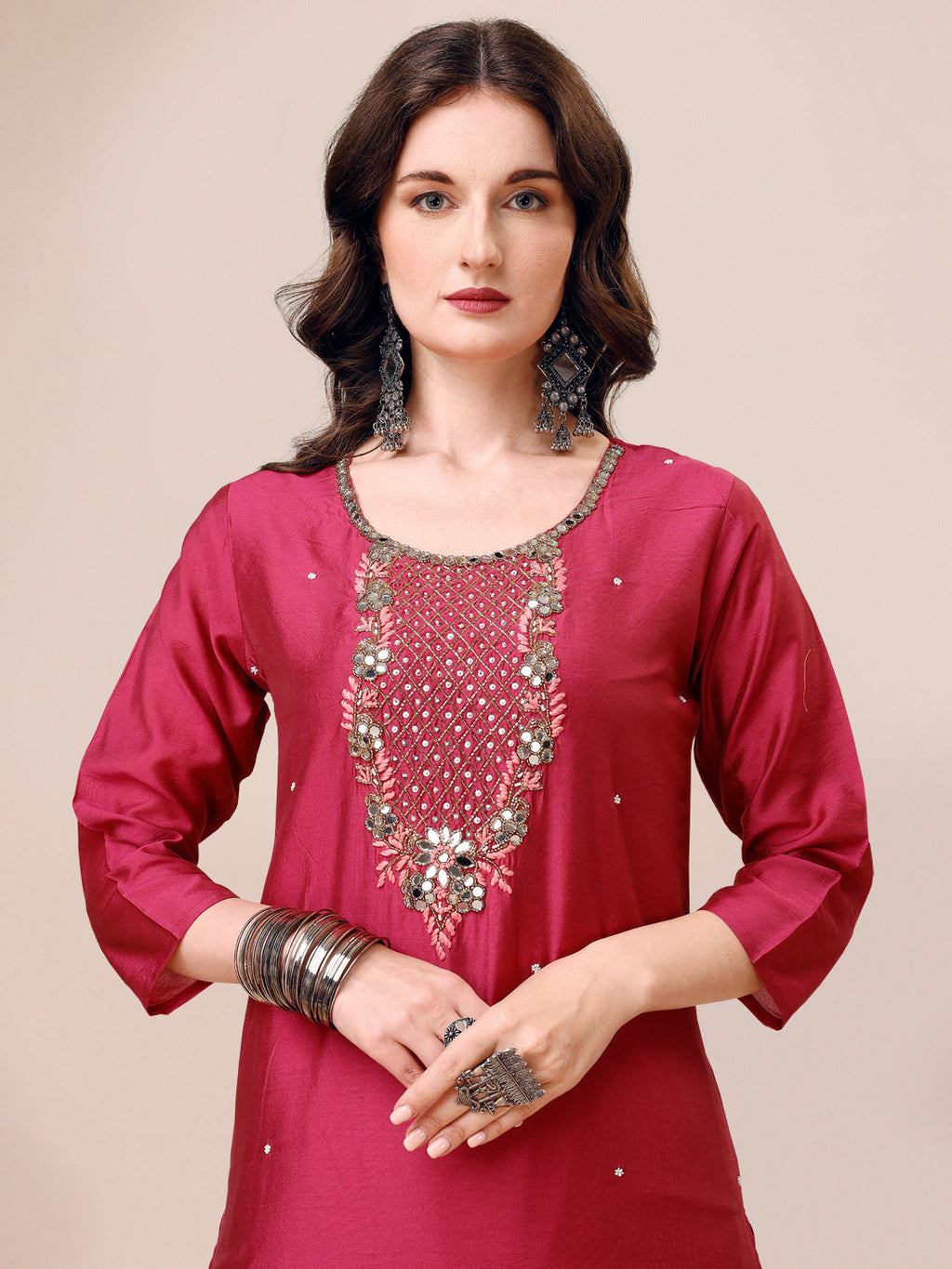 Hand Embroidered Mirror Detailed Kurta With Pant & Dupatta, Multicolor - Hiral Fashion | Grocsy