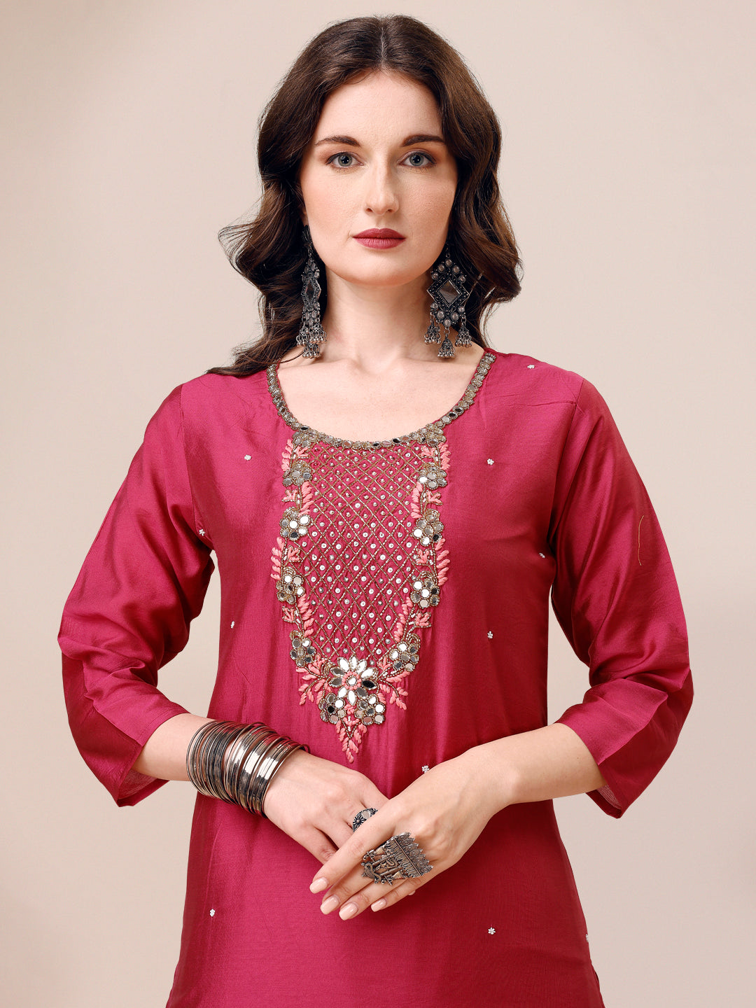 Hand Embroidered Mirror Detailed Kurta With Pant & Dupatta, Multicolor - Hiral Fashion | Grocsy